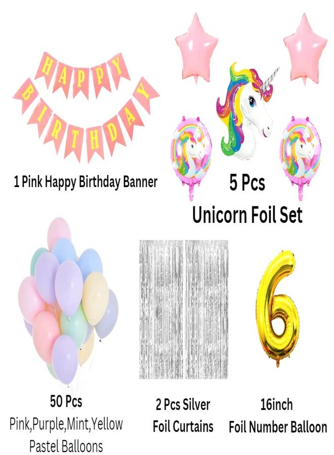 Flyloons 6th Unicorn theme birthday decoration items for Girls Boys kids baby girl with Foil Balloon,Light Pink Star Foil,Pink Purple Yellow Mint Pastel Balloons,Silver Foil Curtains,Foil number 6 - Image 2